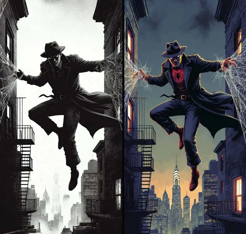 Comparativa de la serie Spider-Noir en blanco y negro y en color, mostrando al héroe balanceándose entre edificios
