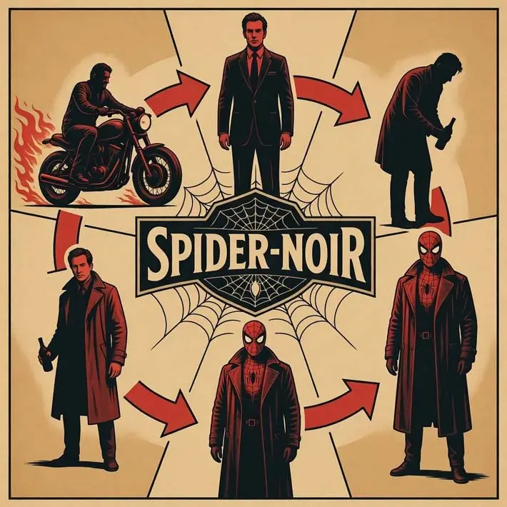 Collage ilustrado de Nicolas Cage en distintos papeles hasta convertirse en el héroe noir de Spider-Noir