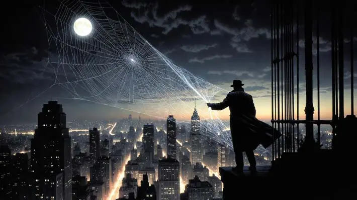 Ilustración de Nicolas Cage como Spider-Noir sobre los tejados de Nueva York en la nueva serie de Prime Video