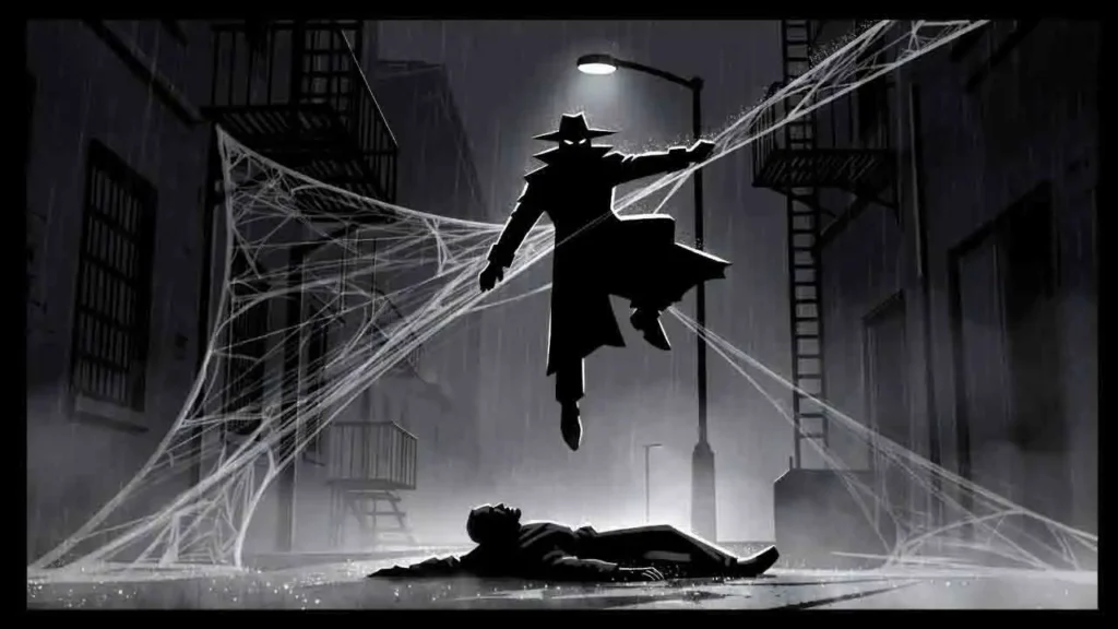 Silueta de Spider-Noir vigilando la ciudad en la noche de Nueva York